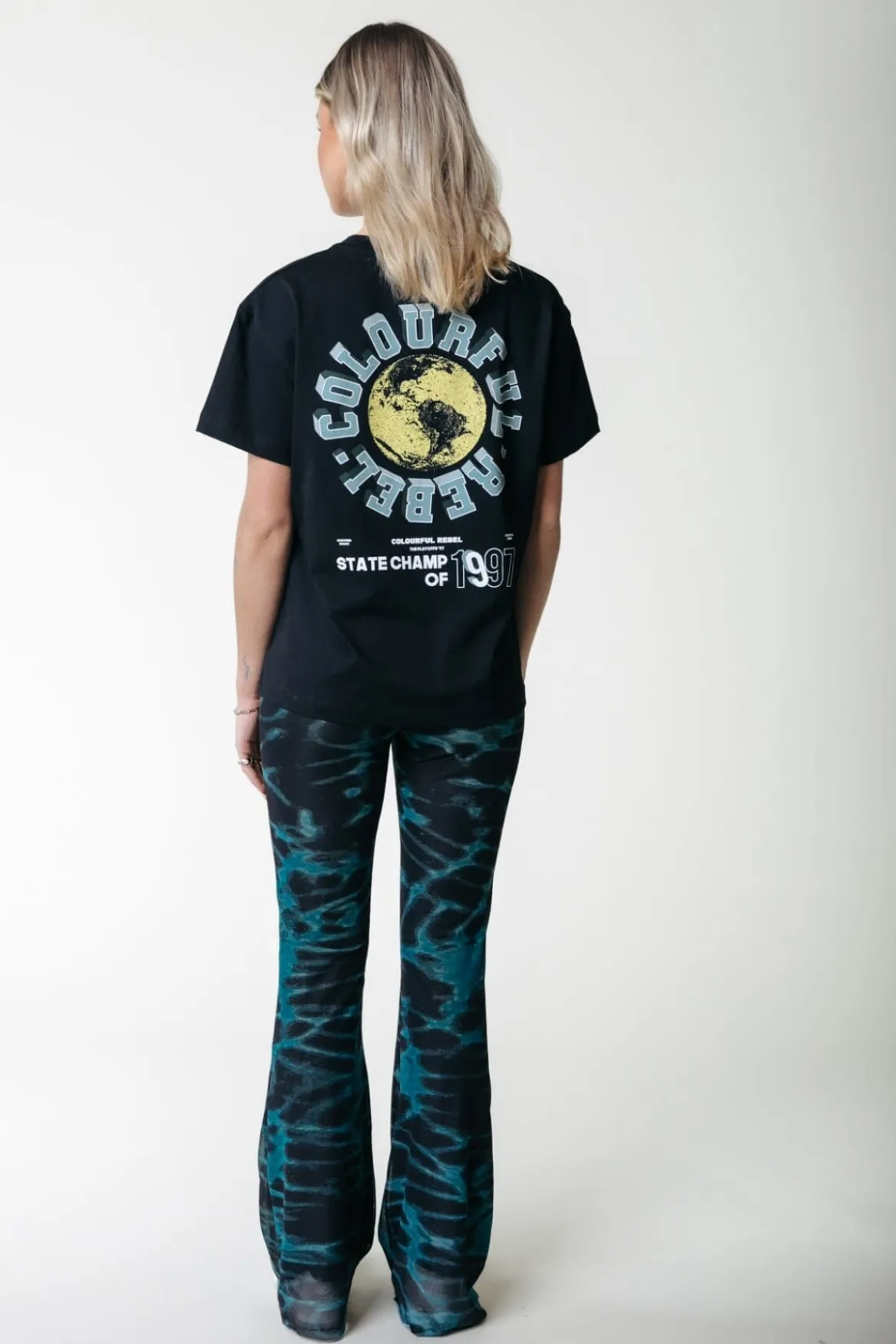 Broeken*Colourful Rebel Animal Mesh Flare Pants | Storm green Stormgreen
