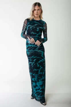 Jurken*Colourful Rebel Maude Animal Mesh Dress | Storm green Stormgreen