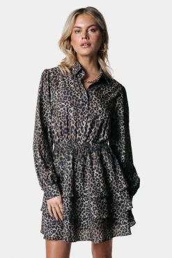 Jurken*Colourful Rebel Sacha Leopard Ruffle Dress | Warm Brown Warmbrown