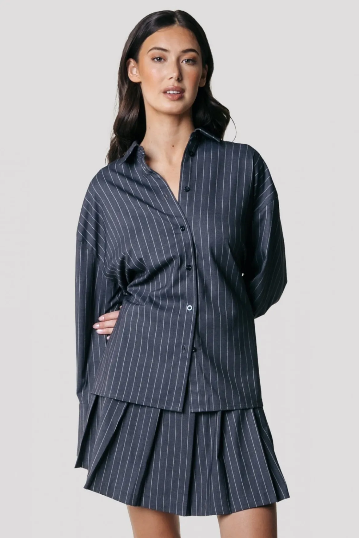 Blouses*Colourful Rebel Talia Pinstripe Blouse | Dark Anthracite Darkanthracite